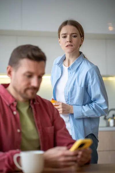 Jealous Controlling Wife Reads Husband Messages Phone Woman Peeping Man — Stock Photo, Image
