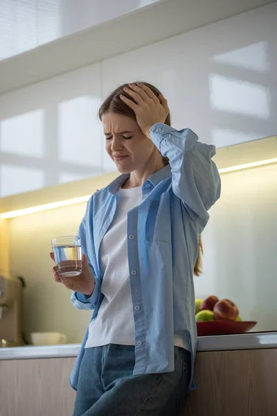 Tired Exhausted Woman Feeling Headache Holding Head Closed Eyes Kitchen — Stock Photo, Image