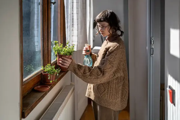 Girl housekeeping watering plants on windowsill at home. Caring woman pouring spraying water potted flower, enjoying growing cultivating plants. Taking care for houseplants, hobby concept. Plant lover