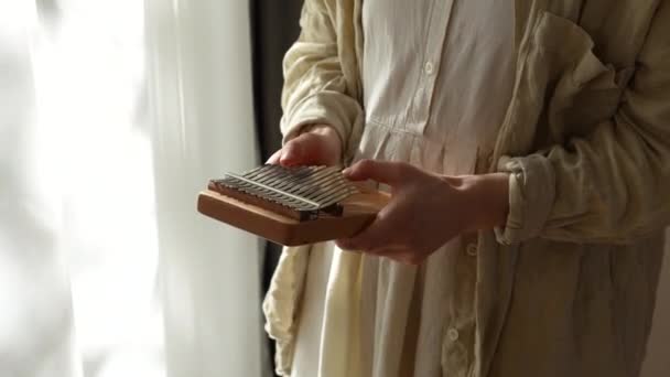 Woman Hands Playing Music Kalimba Standing Window Home Girl Relaxes — Stock Video