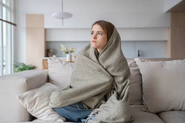 Miserable Middle Aged Woman Sitting Sofa Wrapped Plaid Cold Shivering — Stock Photo, Image