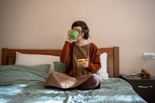 Introverted Teenage Girl Sitting Bed Drinking Tea Spending Pastime Home — Stock Photo, Image