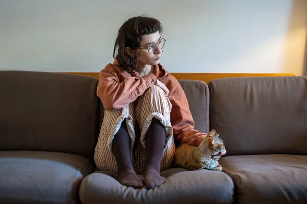 悲哀的女孩穿着睡衣坐在沙发上抚摸着猫 看着家里的窗户 爱猫的人每天早上和宠物在一起 一个沉默寡言的少女带着眼镜在沙发上拖拖拉拉 — 图库照片