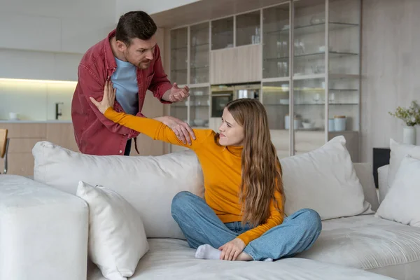 Heated Home Quarrel Offended Upset Woman Pushes Angry Man Away — Stock Photo, Image