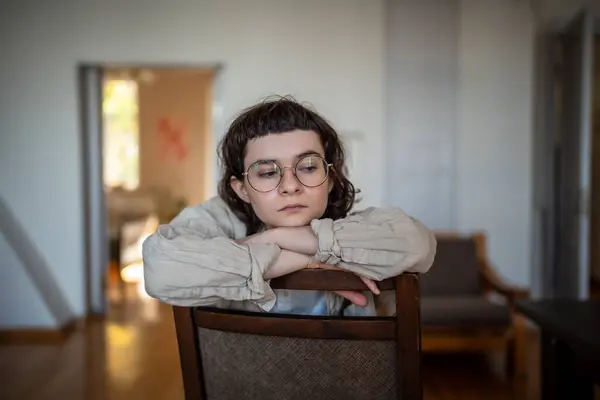 Emotional Burnout Young Boring Woman Sitting Chair Sorrow Thoughts Depressed — Stock Photo, Image