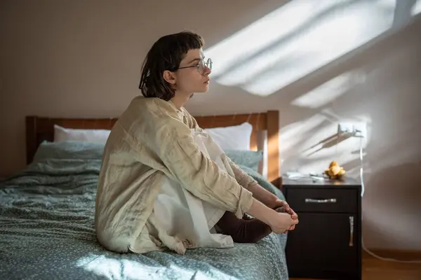 Introverted Unemotional Teenager Sitting Bed Indifferently Looking Window Feeling Loss — Stock Photo, Image