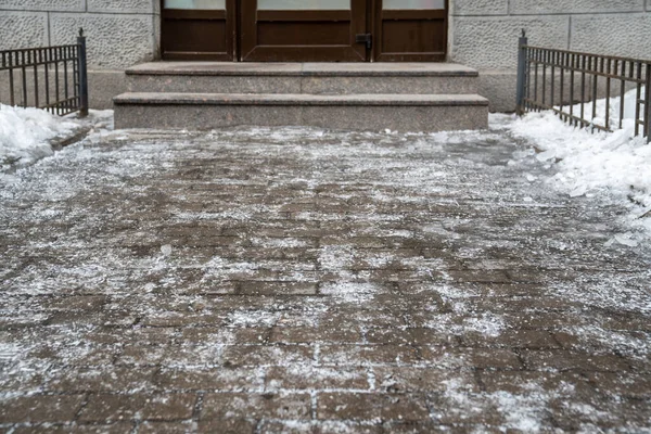 Icy Sidewalk Ice Crust Front Building Entrance Selective Soft Focus — Stock Photo, Image
