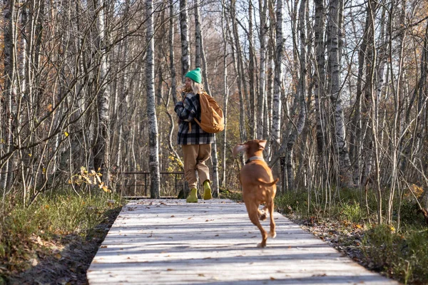 Mujer Feliz Corriendo Con Perro Disfrutar Naturaleza Sendero Madera Ecológica — Foto de Stock