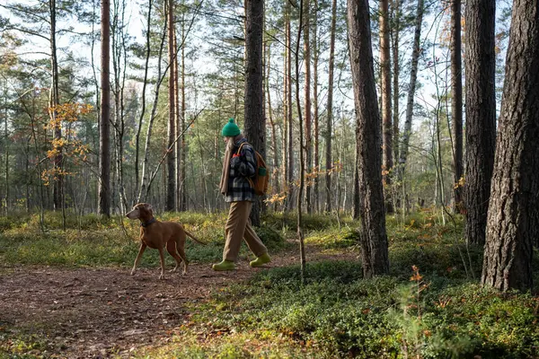 Woman Pet Owner Spending Pastime Pine Forest Hiking Walking Magyar — Stock Photo, Image