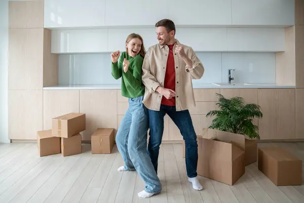 Dancing Joy Happiness Overjoy Married Couple Have Fun Spacious Apartment — Stock Photo, Image