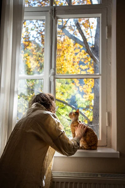 Caring Woman Owner Cat Lover Spending Time Pet Friend Rear — Stock Photo, Image