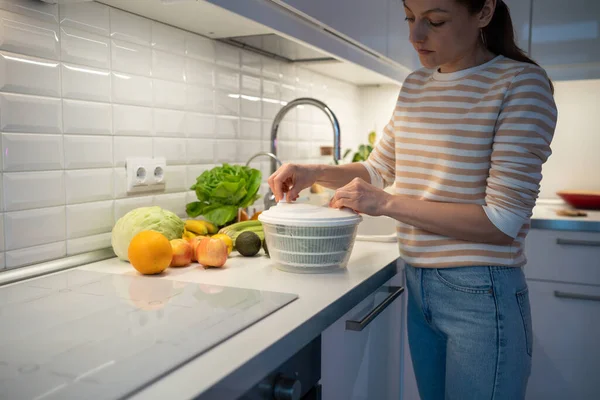 Slim Vegan Woman Preparing Useful Dinner Fresh Fruit Vegetables Concentrated — Stock Photo, Image