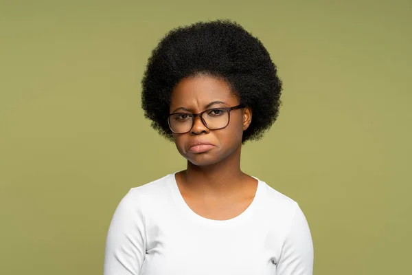 Displeased Upset African American Female Frowning Face Expression Because Being — Stock Photo, Image