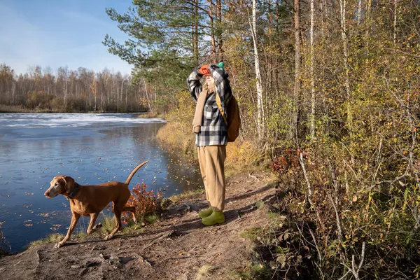 Satisfied Happy Female Hunting Dog Owner Enjoy Walk Domestic Animal — Stock Photo, Image