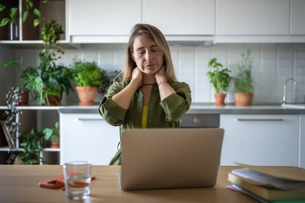 Tired Female Sitting Table Laptop Have Exhausted Intense Work Unwell — Stock Photo, Image