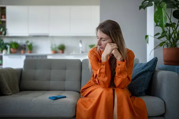Lonely Woman Anxiously Stares Cellphone Next Waiting Important Call Message — Stock Photo, Image