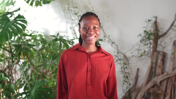 Веселая Афро Американская Молодая Женщина Стоящая Одна Комнате Зелеными Растениями — стоковое видео