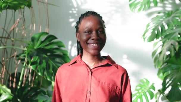 Boldog Vidám Mosolygós Afro Amerikai Lány Lágy Napfényben Között Trópusi — Stock videók