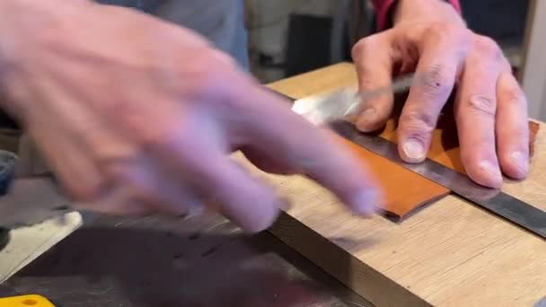 Male Hands Cutting Leather Skin Master Shoemaker Pro Cobbler Guy — Stock Video