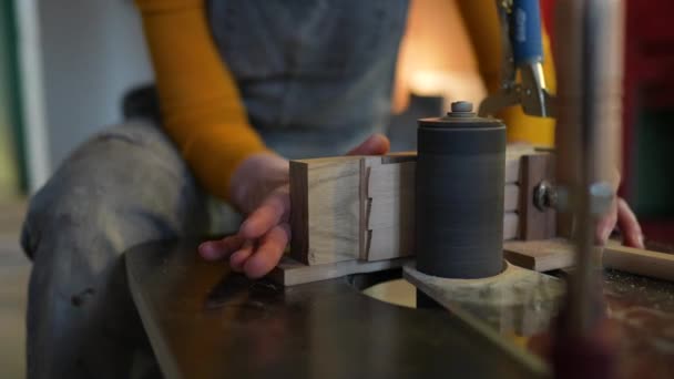Focused Female Joiner Works Joinery Workshop Sanding Turning Wooden Knife — Stock Video