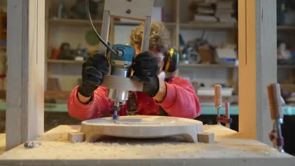 Carpentry Workshop Craftsman Master Working Male Professional Artisan Works Dangerous — Stock Video
