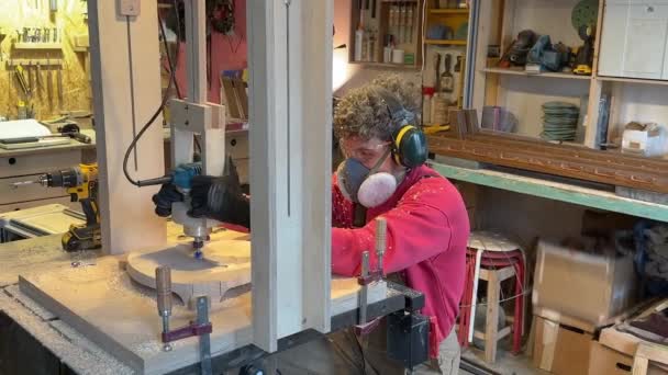Carpentry Workshop Craftsman Master Working Concentrated Man Wear Ear Muffs — Stock Video
