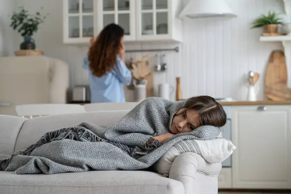 Sick Unhappy Schoolgirl Wrapped Warm Plaid Lying Sofa Flu Symptoms Images De Stock Libres De Droits