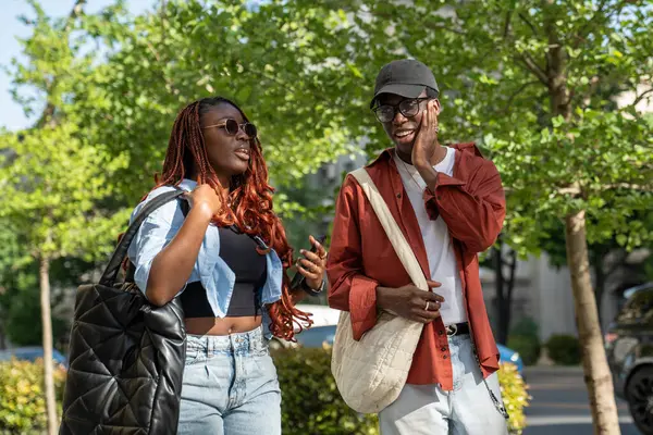 Surprised African American Man Engages Lively Conversation Woman Walking Date Image En Vente
