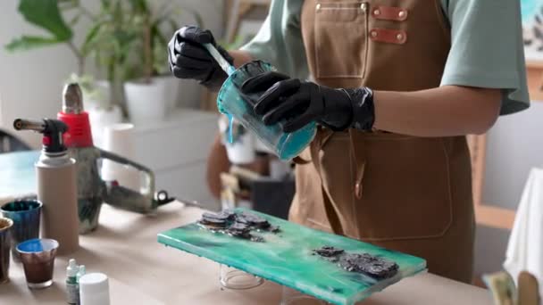 Female Craftswoman Working Epoxy Resin Liquid Art Technique Hands Woman — Video Stock