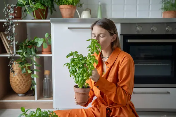 stock image Woman gardener enjoying smell of fresh green basil. Girl in orange dress sits on floor, inhales aroma of home-grown flavour basil in pot. Female sniffs aroma herbs, closed eyes. Home gardening. 