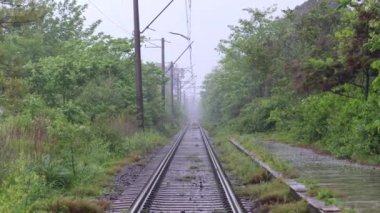 Botanik Bahçesi Batumi, Georgia 'daki tren istasyonunda yağmurlu bir günde ıslak tren yolu. Seçici odaklanma. Arka planda platform ve tropikal orman.