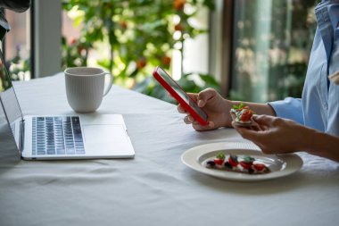 Kadın sağlıklı yiyeceklerle kahvaltı yapar, krem peynir, domates ve taze otlarla kaplı çıtır kraker yer, e-postalarını kontrol ederken e-postalar açık dizüstü bilgisayarın yanında durur. Glütensiz, sabah diyeti.