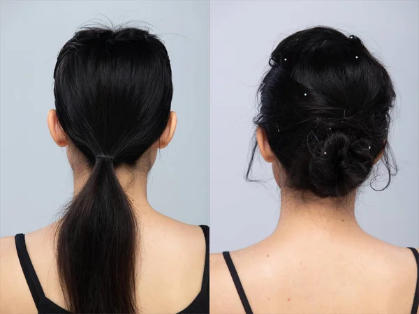 Задняя Часть Головы Женщины Черными Длинными Прямыми Волосами Сделать Прическу — стоковое фото