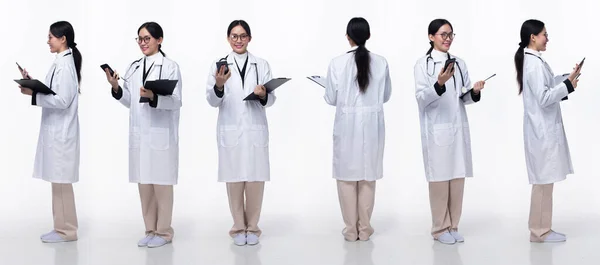 Full Längd Talet Asiatisk Kvinna Läkare Med Stetoskop 360 Framsidan — Stockfoto