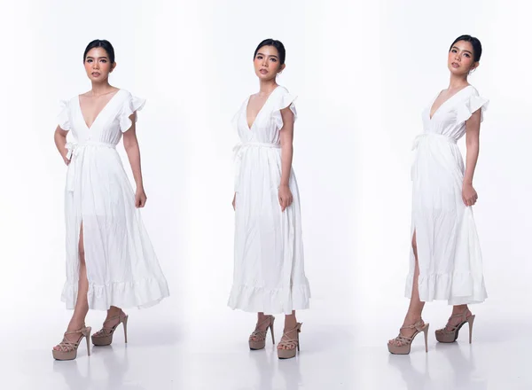 Comprimento Total 20S Mulher Asiática Desgaste Branco Relaxar Vestido Noiva — Fotografia de Stock