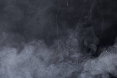 Beyaz Duman ve Sis 'ten Yoğun Kabarık Kabarık Tütsüler Siyah Arkaplan' da, Soyut Duman Bulutları 'nda, Hareketin Odak Noktası Bulanık. Kuru buz sineğinin dumanı havada uçuşuyor, dokuyu etkiliyor.