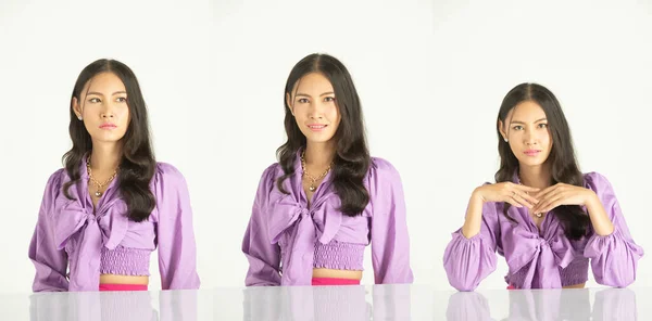 Metade Corpo 20S Escritório Negócios Asiático Mulher Usar Vestido Violeta — Fotografia de Stock