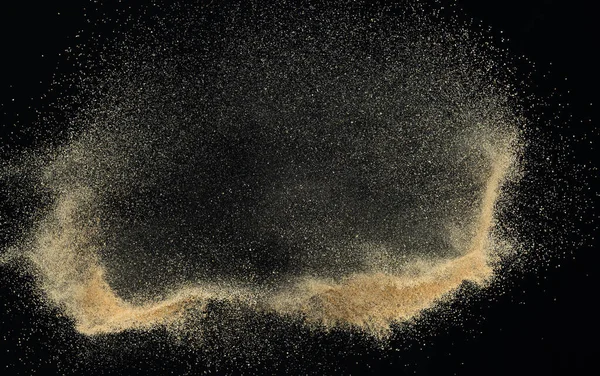 Sand Fliegt Explosionsartig Goldene Sandwelle Explodiert Abstrakte Sandwolken Fliegen Gelber — Stockfoto