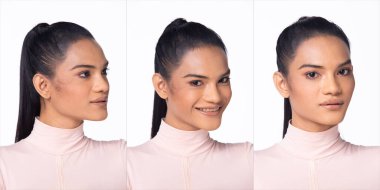 20 'li yaşlarda, Asyalı güzel bir kadın resmi pembe etek giyiyor. Bronzlaşmış ten, siyah uzun düz saçlar, mutlu gülüşler, moda modası, beyaz arka planda izole edilmiş pozlar.