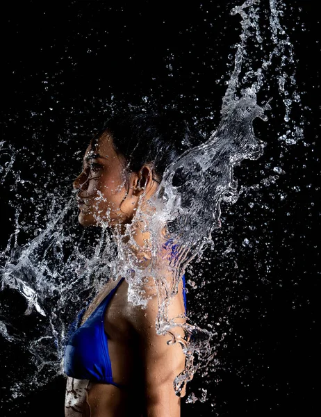 Tanned Skin Asian Woman Bikini Poses Aqua Studio Splash Drops — Stock Photo, Image