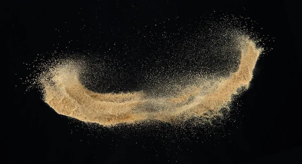 Sand Fliegt Explosionsartig Goldene Sandwelle Explodiert Abstrakte Sandwolken Fliegen Gelber — Stockfoto