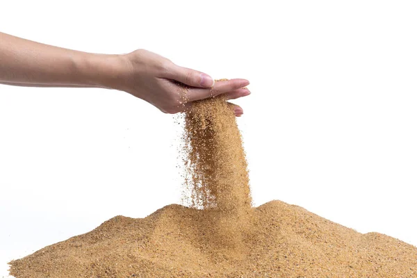 Hand Releasing Dropping Sand Fine Sand Flowing Pouring Fingers White — Stock Photo, Image