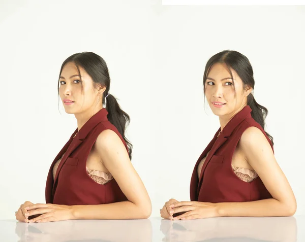 Metade Corpo 20S Escritório Negócios Asiático Mulher Usar Vestido Borgonha — Fotografia de Stock