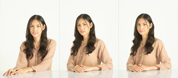 Metade Corpo 20S Escritório Negócios Asiático Mulher Usar Vestido Branco — Fotografia de Stock
