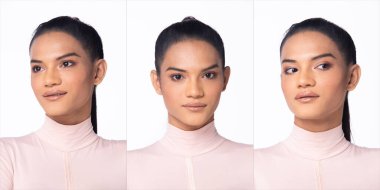 20 'li yaşlarda, Asyalı güzel bir kadın resmi pembe etek giyiyor. Bronzlaşmış ten, siyah uzun düz saçlar, mutlu gülüşler, moda modası, beyaz arka planda izole edilmiş pozlar.