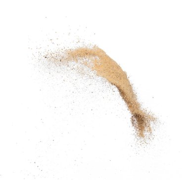 Kum patlaması, altın kum dalgası patlaması. Soyut kum bulutu sineği. Sarı renkli kum damlaları içine hava atıyor. Beyaz arka plan izole edilmiş yüksek hız deklanşörü, dondurma hareketi atıyor