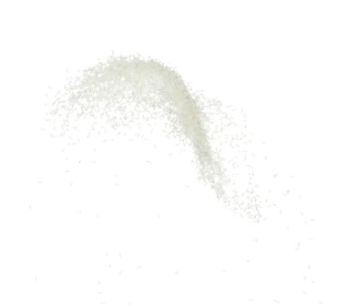 Japon pirinç patlaması, beyaz tahıl kabukları soyut bulut sineği patlaması. Çok güzel bir tohum, pirincin havaya sıçraması, yiyecek nesnesi tasarımı. Seçici odak dondurma görüntüsü beyaz arkaplan izole