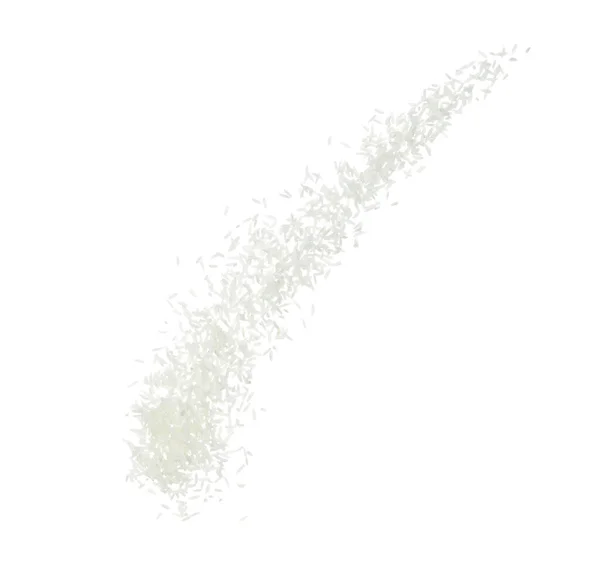 日本の米の爆発飛んで 白い穀物の価格は抽象的な雲が飛ぶ爆発する 空気中の美しい完全な種子の米スプラッシュ 食品オブジェクトのデザイン 選択的フォーカスフリーズショット白の背景が隔離 — ストック写真