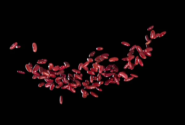 赤豆飛行爆発 赤粒豆抽象的な雲のフライ爆発 美しい完全な種子エンドウ豆空気中のスプラッシュ 食品オブジェクトのデザイン 選択的フォーカスフリーズショット黒の背景を隔離 — ストック写真
