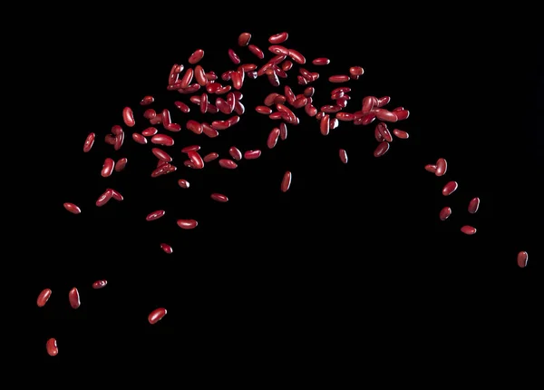 赤豆飛行爆発 赤粒豆抽象的な雲のフライ爆発 美しい完全な種子エンドウ豆空気中のスプラッシュ 食品オブジェクトのデザイン 選択的フォーカスフリーズショット黒の背景を隔離 — ストック写真